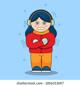A young girl or child is frozen in the cold. A girl with blue hair in a red jacket and yellow pants. Vector illustration