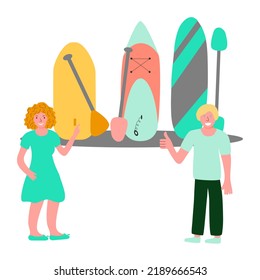 Young girl choose paddle board for herself, boy likes her choice, flat vector illustration