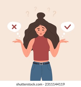 Young girl choose yes or no. Woman making decision in doubt. Problem solving. Concept of choice or selection.Vector illustration in flat cartoon style.