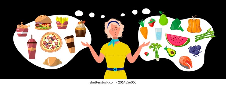 las niñas eligen entre alimentos saludables y no saludables. Verduras, frutas contra comida rápida, pizza, hamburguesas, pepitas, café. Fondo negro. Caricatura femenina. Ilustración vectorial plana