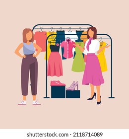 Young girl choosing fashion apparel with help of shop assistant in clothing store. Vector colorful illustration.
