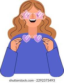  Young Girl choosing pink fashion eyeglasses for summer. Star or heart shaped frame. Not easy choice of a cartoon female character. Shopping scene. Flat design graphic vector illustration.