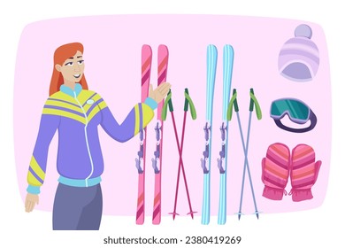 Young girl choosing ski in shop. Vector illustration. Skiing accessories, hat, goggles, sunglasses, gloves, ski poles. Winter sport, hobby concept