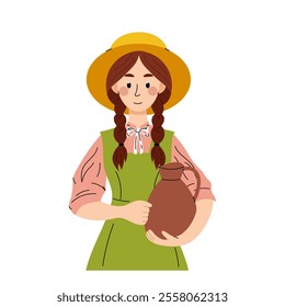 Young girl with a clay jug. A woman working on a farm. A girl in a farm uniform. Milkmaid. Flat illustration on white background.