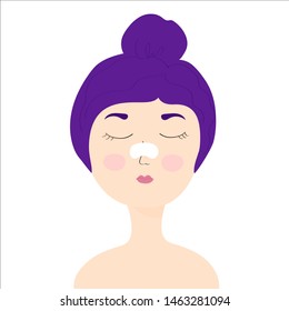Young girl with a cleansing strip on the nose of black dots. girl with eyes closed. home care, skincare, girl caring for her face. Vector Illustration.
