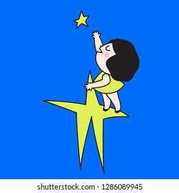 Young Girl Climbing Huge Star To Reach A Twinkle Little Star In The Night Blue Sky Concept Card Character illustration