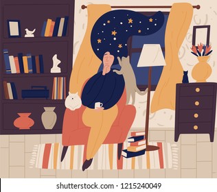 Young girl with closed eyes and night starry sky or space instead of hair sitting in chair and dreaming or daydreaming. Fantasy and imagination. Colorful vector illustration in flat cartoon style.