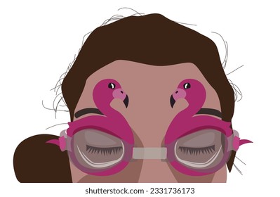 Young girl with closed eyes and pink flamingo goggles for swimming is isolated on white empty background