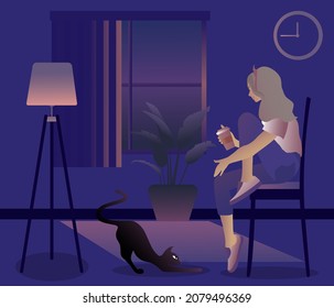 Junge Mädchen mit Kaffee in der Hand sitzen zu Hause. In der Nähe der Katze, der Nachthimmel. Spiegelungen, Meditation. Vektorgrafik.