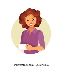Young girl with coffee in hands. Break at work, relaxation. Vector illustration
