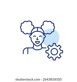 Young girl and cogwheel. Accessibility settings, youth user preferences, simplified configuration, personalized system setup, age-friendly interface . Pixel perfect, editable stroke vector icon