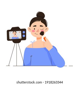 A young girl with collected hair shows how to do makeup. Female Beauty blogger. Digital content creator.Vector illustration with character