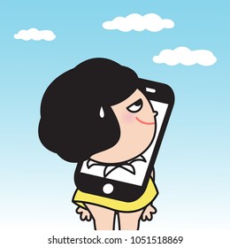 Young Girl Coming Out Of Mobile Phone And Looking Up At Sky Like Never Did Before. Concept Of Quitting Cell Phone Addiction Card Character illustration