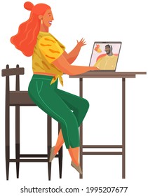Young girl communicates with friend via video communication. Working video call, online communication. Woman uses laptop to talk to man. People have dialogue online, communcate via Internet