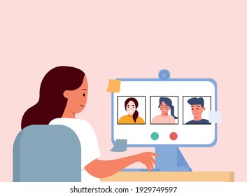 A young girl communicates with friends and colleagues via video communication. Working video call. Online training, work, communication with friends
