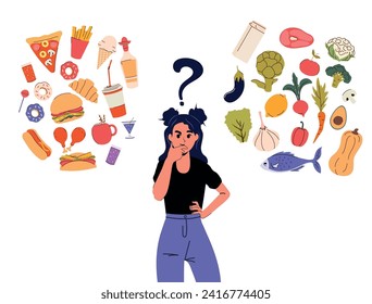 A young girl compares healthy and unhealthy foods in her head. Balanced nutrition. Vector illustration. Isolated. Character in flat. Minimalism. Background. Food difference
Junk food and fast food