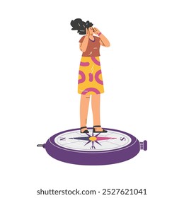 A young girl with a compass, calling for help. It depicts a lost traveler who needs directions on a white background. Vector illustration of tourism problems.