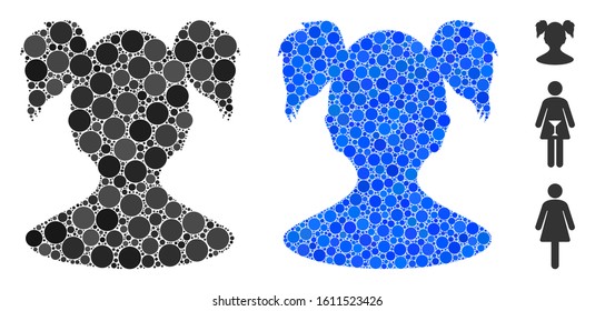 Young girl composition of small circles in different sizes and color hues, based on young girl icon. Vector filled circles are composed into blue composition.