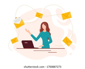 A young girl at a computer and envelopes with letters as a symbol of messages around. Internet communication, online mail. Vector illustration.