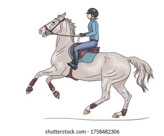 Young girl confident galloping on a gray horse