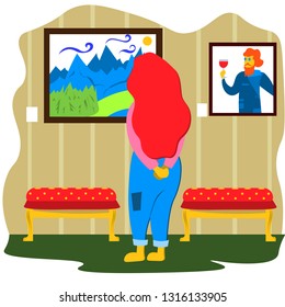 A young girl is considering a painting in the gallery. Illustration in flat style