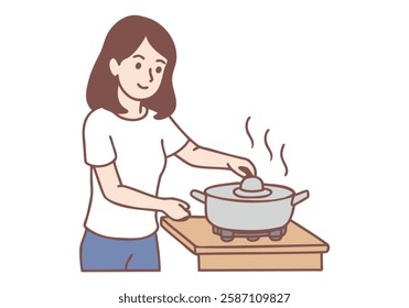 A young girl cooking accidentally tries to grab a hot pot on the gas stove. Cooking. Hand drawn style vector design illustrations.