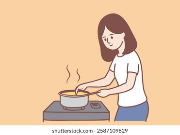 A young girl cooking accidentally tries to grab a hot pot on the gas stove. Cooking. Hand drawn style vector design illustrations.