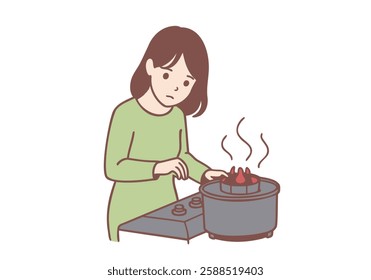 A young girl cooking accidentally tries to grab a hot pot on the gas stove. Cooking. Hand drawn style vector design illustrations.