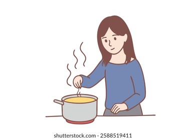 A young girl cooking accidentally tries to grab a hot pot on the gas stove. Cooking. Hand drawn style vector design illustrations.