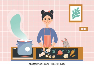 Young girl Cooking at Home. Illustrationin in flat cartoon style. Vector Illustration