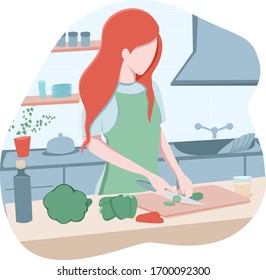 La joven cocinando en la cocina. Mujer linda cortando verduras y frutas. Una chica sosteniendo un cuchillo. Cocina, vajilla, cocina y hogar. Vector aislado de cocina de dama