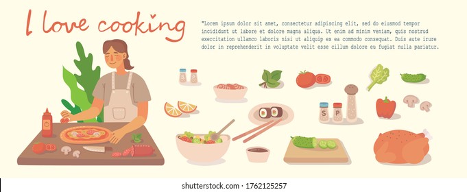 Young girl cooking in kitchen at home. Cooking pizza, chicken and salad with ingredients. Vector modern illustration in modern flat style.