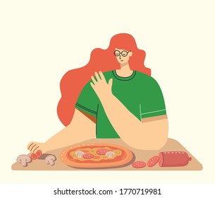 Young girl cooking pizza in kitchen at home. Cooking pizza with ingredients. Vector modern illustration in flat style.