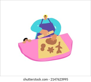 a young girl cooks with a child. Mom and daughter are baking gingerbread in the kitchen. Concept illustration Mom as a mentor