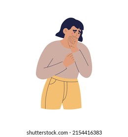 Young girl coughing. Sick woman with symptoms could or asthma. Hand drawn color vector illustration isolated on white background. Modern flat cartoon style.