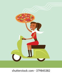 Young girl courier deliver hot pizza driving scooter