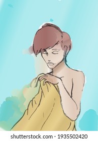 A young girl covering her body with a tower in watercolor style. Vector illustration.