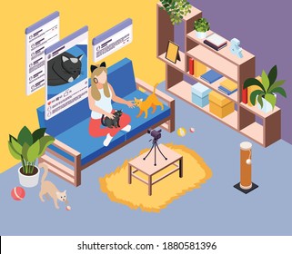 Young girl creating video with her pets for internet vlog vector illustration