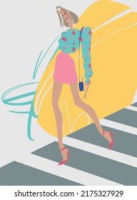 A young girl crosses the road in beautiful clothes. Colorful street fashion illustration. Trendy vector style. Vector magazine illustration. Print design.