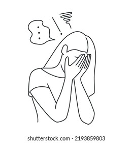 Young girl crying having depression thinking. Depression negative thoughts frustration concept. Hand drawn vector illustration. Black and white.