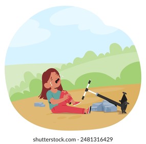 Young Girl Crying And Holding Her Knee After Falling Off Her Scooter In A Green Park. Cartoon Child Character Appears To Be Hurt And Injured, With Tears Streaming Down Her Face. Vector Illustration