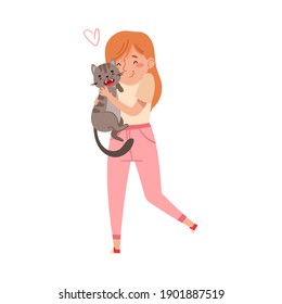 Young Girl Cuddling Her Cat Pet and Stroking It Vector Illustration