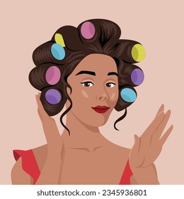 Young girl with curlers in hair. Flat vector illustration isolated on white background