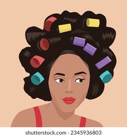 Young girl with curlers in hair. Flat vector illustration isolated on white background