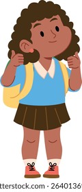 A young girl with curly hair gives thumbs up, wearing a school uniform and backpack in cartoon style. The child smiles confidently, dressed in a skirt and blouse. Cartoon vector illustration.