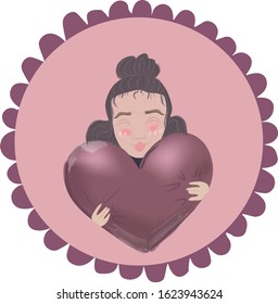 Young girl curly hair and red cheeks hugging a heart balloon. Valentine day card vector