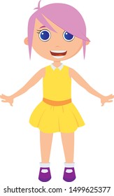 Young Girl With Cute Pink Hair, Blue Eyes And An Orange And Yellow Dress