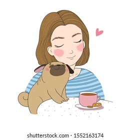 young girl and a cute pug. beautiful woman and cute puppy