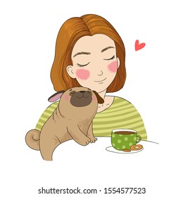 young girl and a cute pug. beautiful woman and cute puppy