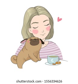 young girl and a cute pug. woman and puppy